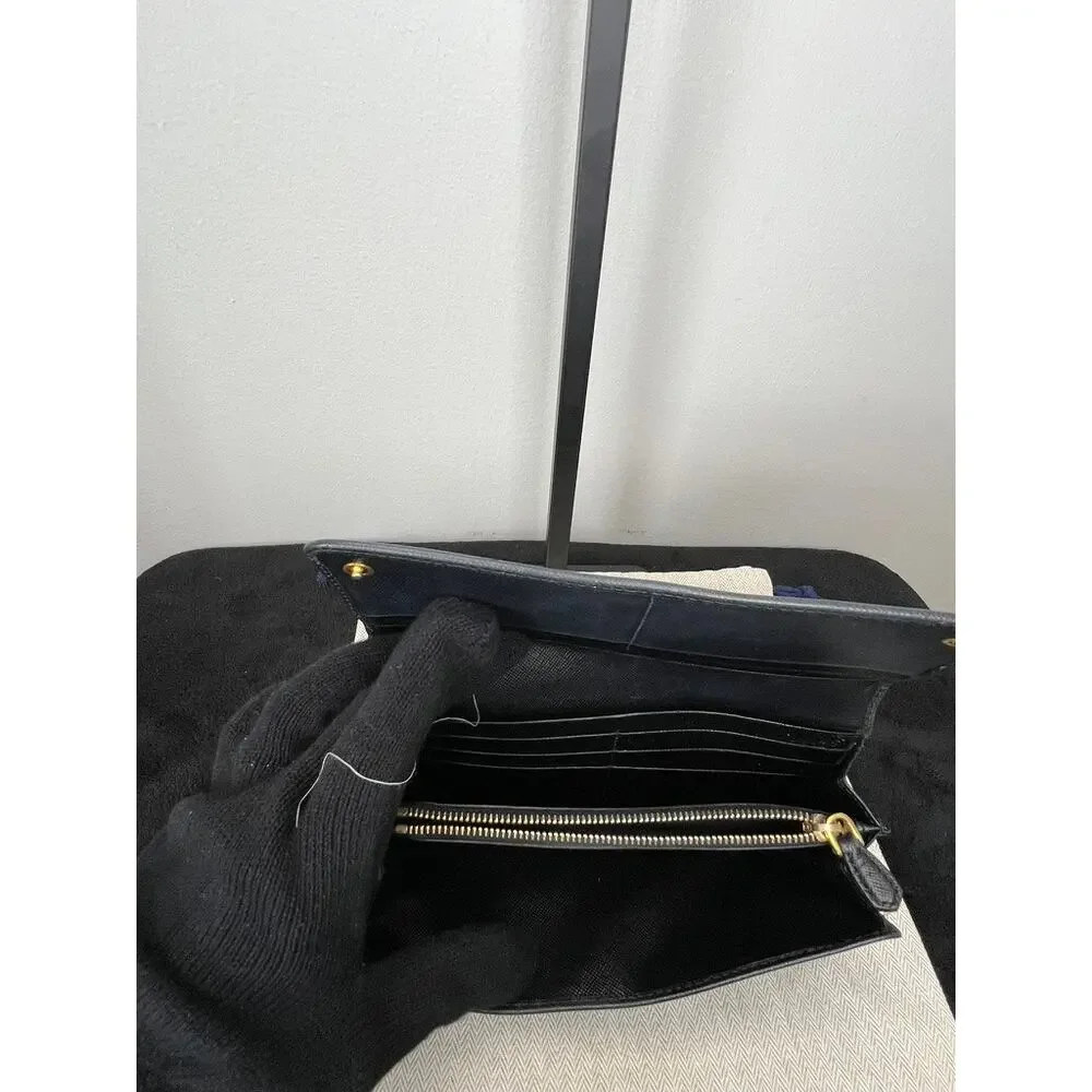 Prada Black Saffiano Leather Continental Flap Wallet Gold Logo Made Italy